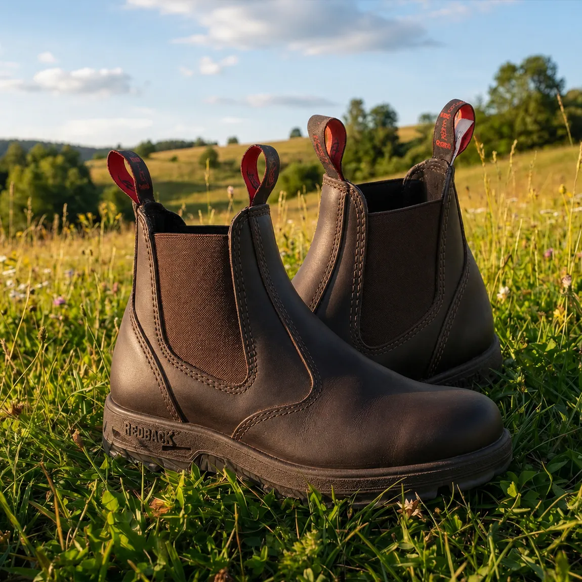 Redback Chelsea Boots im Gras auf einer sommerlichen Wiese